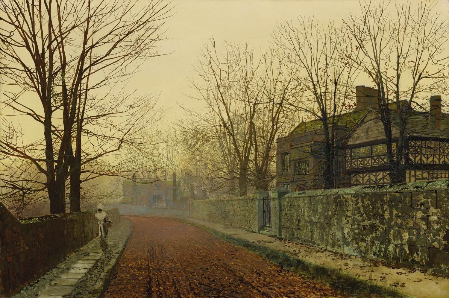 A lane at first light, a gate standing open in a stone wall beside a house among bare trees.