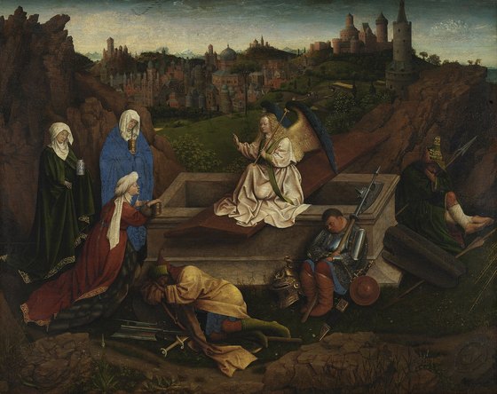 Three women bring jars of spices to the empty tomb of Christ, where an angel in white sits on the open grave and speaks to them, while the soldiers on guard lie asleep