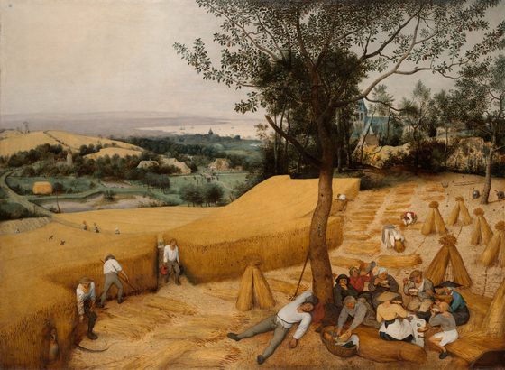 Harvesters eat and rest at midday under a pear tree beside a half-cut wheat field, while others go on cutting and binding sheaves