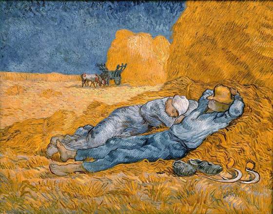Two harvesters rest in the shade of a haystack at midday