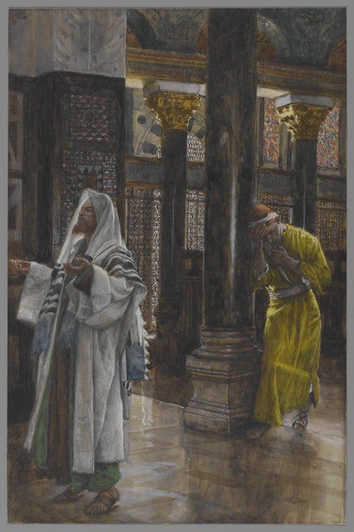 A Pharisee stands praying in the temple while a tax collector hangs back behind a pillar