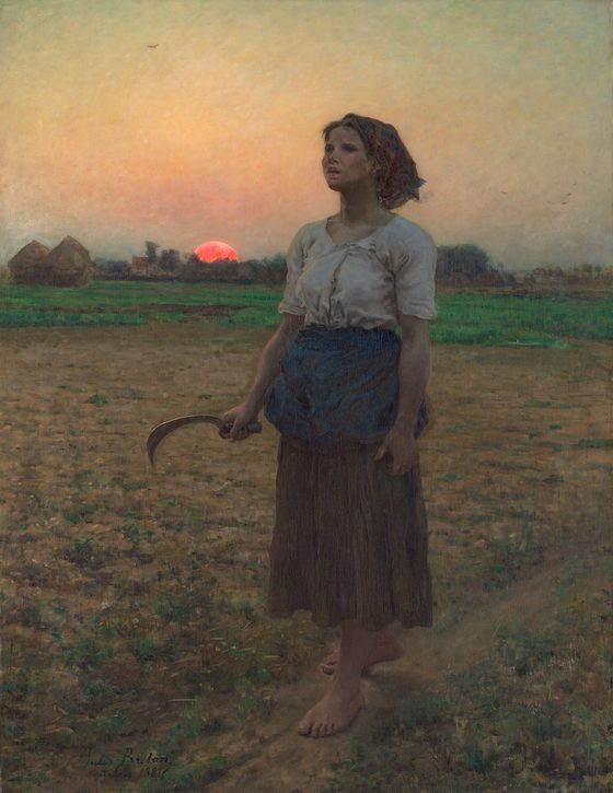 A barefoot young woman with a sickle stops on her way to the field at sunrise to listen to a lark