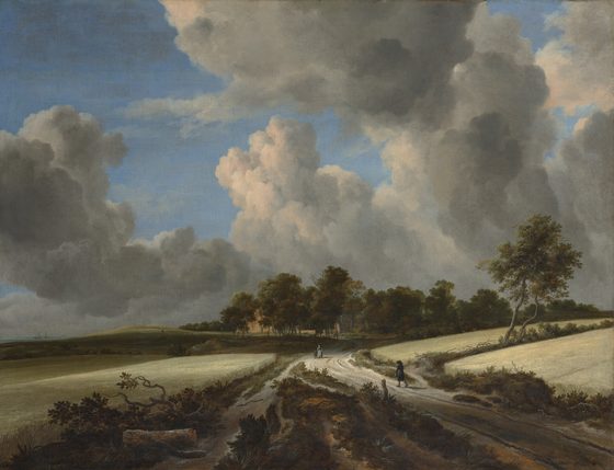 A road runs between ripe wheat fields under a great sky of summer clouds, with a few walkers on it