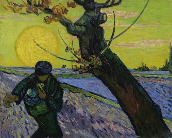 A sower walks a ploughed field under a huge yellow sun