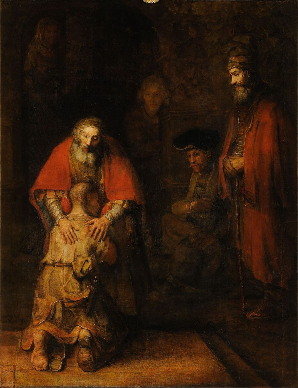 A father lays both hands on the shoulders of his kneeling, ragged son