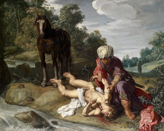 A Samaritan in a turban kneels by a stream to tend a wounded, stripped traveller while his horse stands by