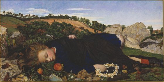 A girl in a dark dress lies asleep on a rocky hillside, a daisy chain in her hand and apples beside her, while far behind her horses plough the field