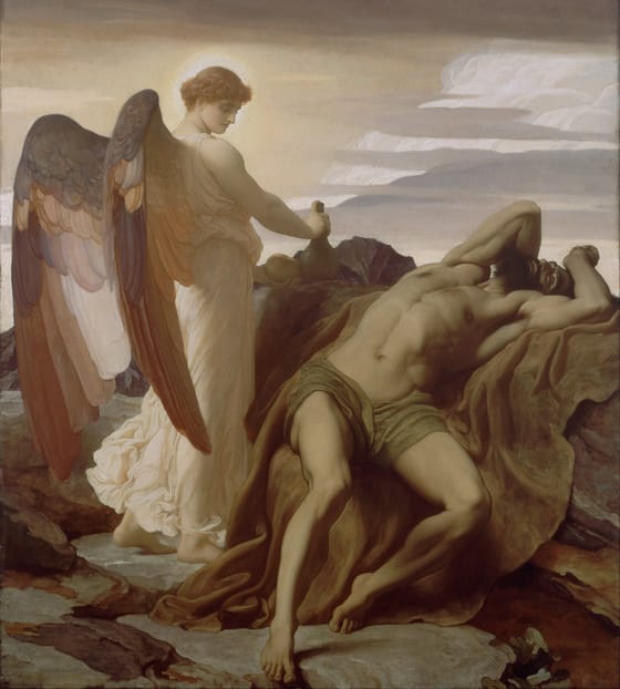 An angel with bread and water stands over the prophet Elijah, asleep on a rock in the wilderness
