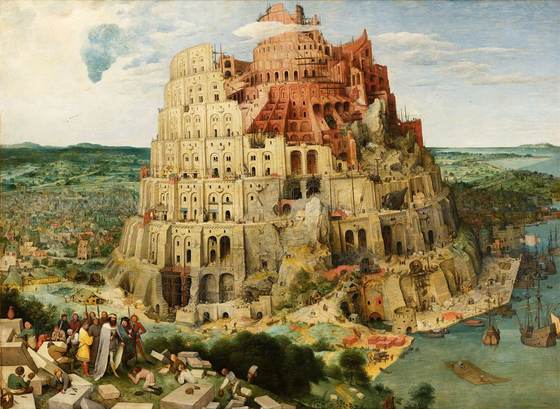 A vast unfinished tower rises over a harbour town