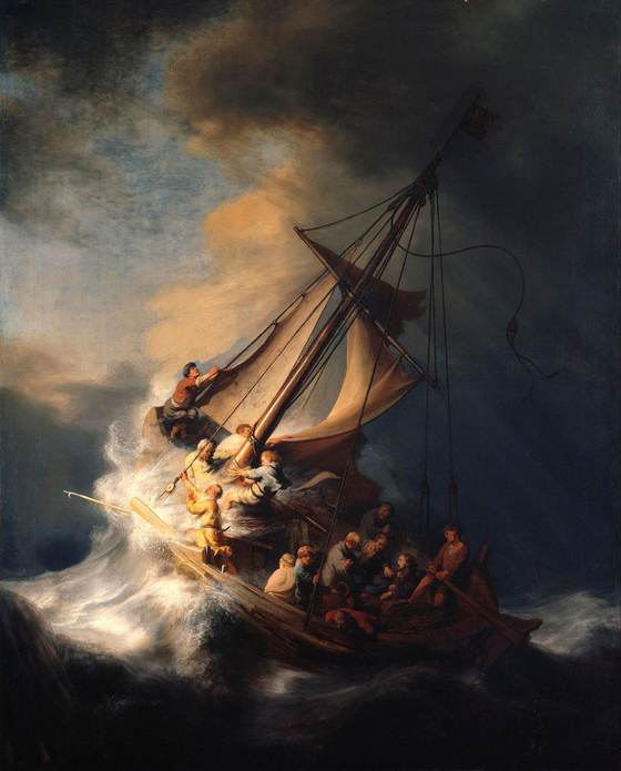 A small boat is thrown about by a storm while its crew wake the sleeping Christ