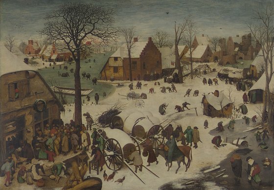 A snowbound village where Mary, wrapped in blue, rides a donkey led by Joseph toward a crowded inn, while villagers line up to be counted and children play on the ice