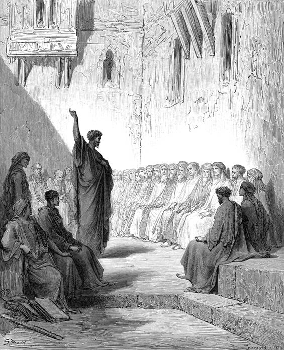Gustave Doré’s engraving of Paul preaching to a gathered church at Thessalonica