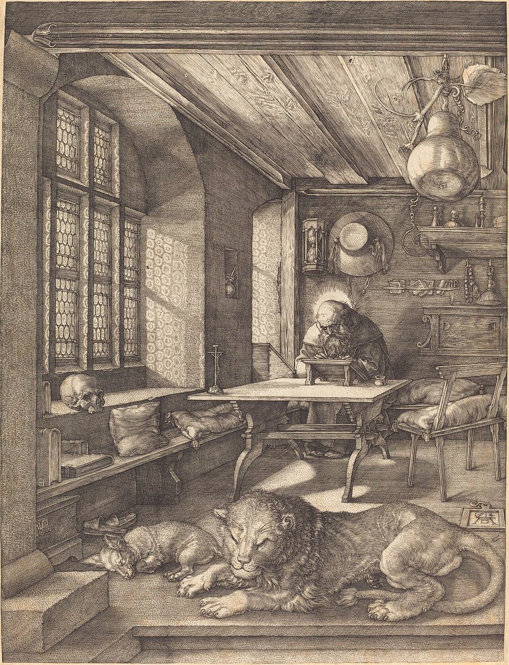 Albrecht Dürer’s engraving of Saint Jerome writing at his desk, a lion and a dog asleep on the floor of his study
