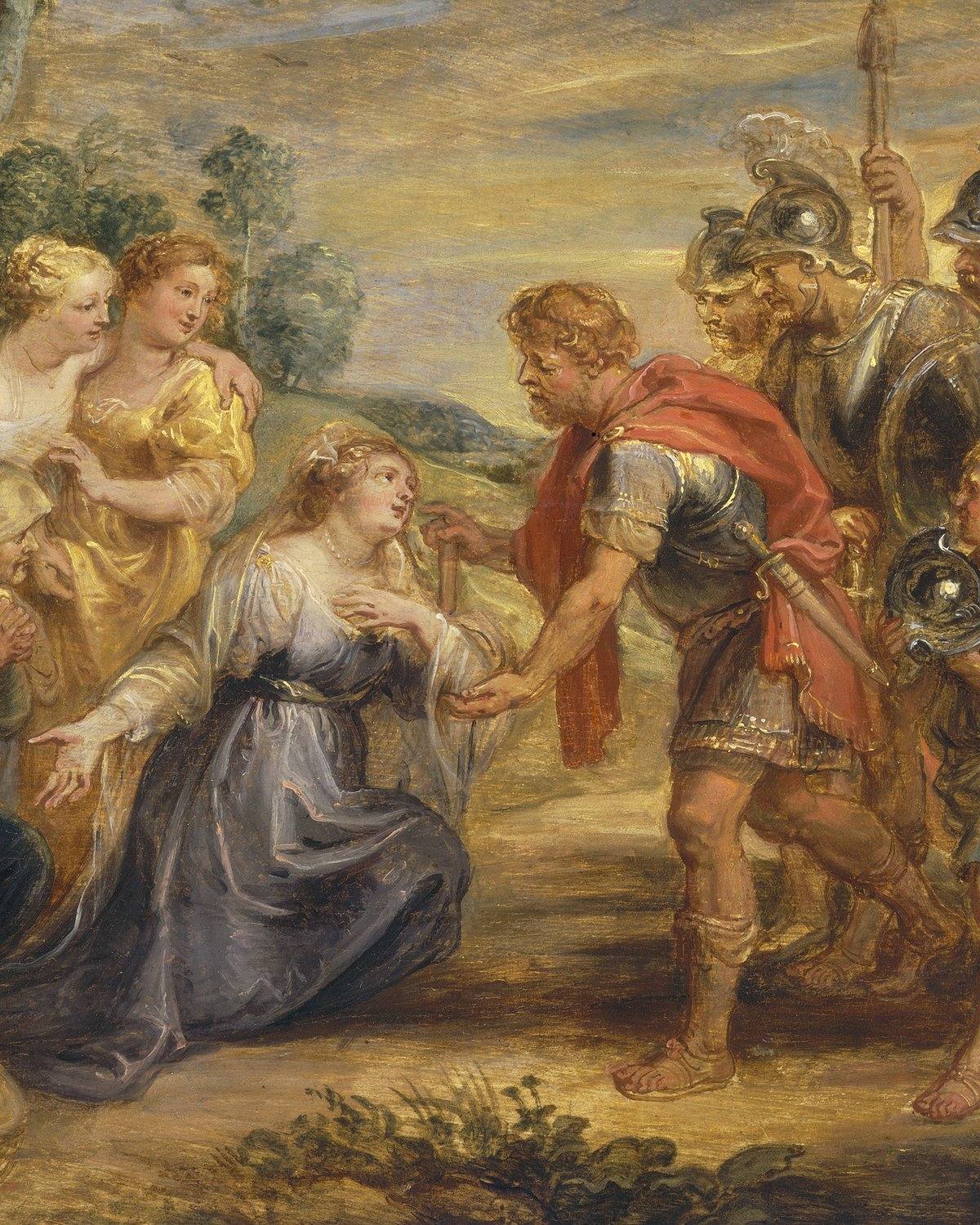 A detail of an oil sketch by Rubens: Abigail kneels on the ground in a grey-blue gown and a thin veil, one hand on her breast and the other held out. David, in armour and a red cloak, bends forward and takes her hand. Two of her maidens stand behind her, and soldiers in helmets behind him, under a golden sky.