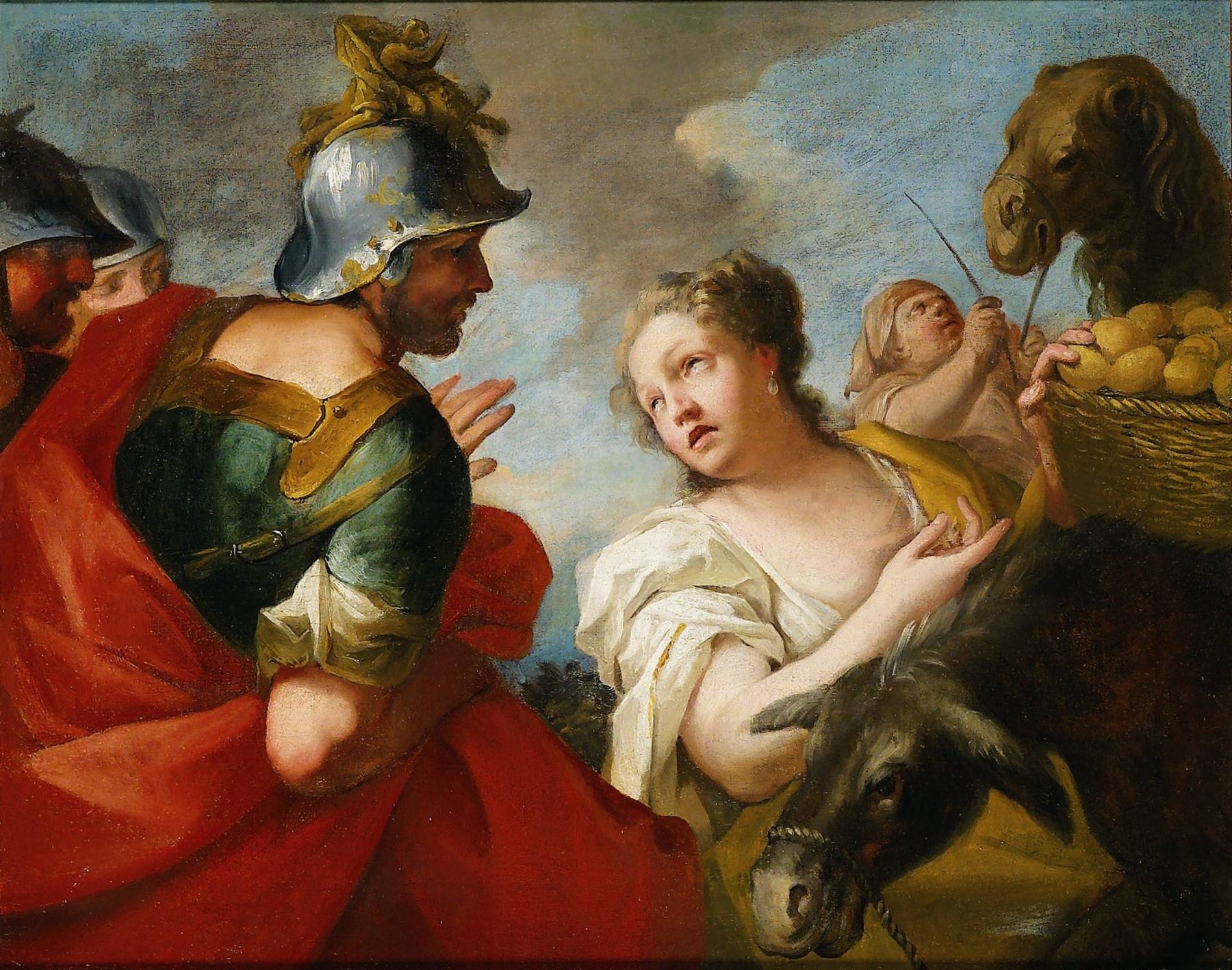 A painting by Antonio Molinari: Abigail, a young woman with fair hair and a pearl earring, in a white blouse and a yellow shawl, looks up pleading at David. He stands before her in a silver helmet and green armour under a red cloak, with soldiers behind him. Beside her are a donkey, a servant, a basket of loaves and a camel's head against a blue sky.