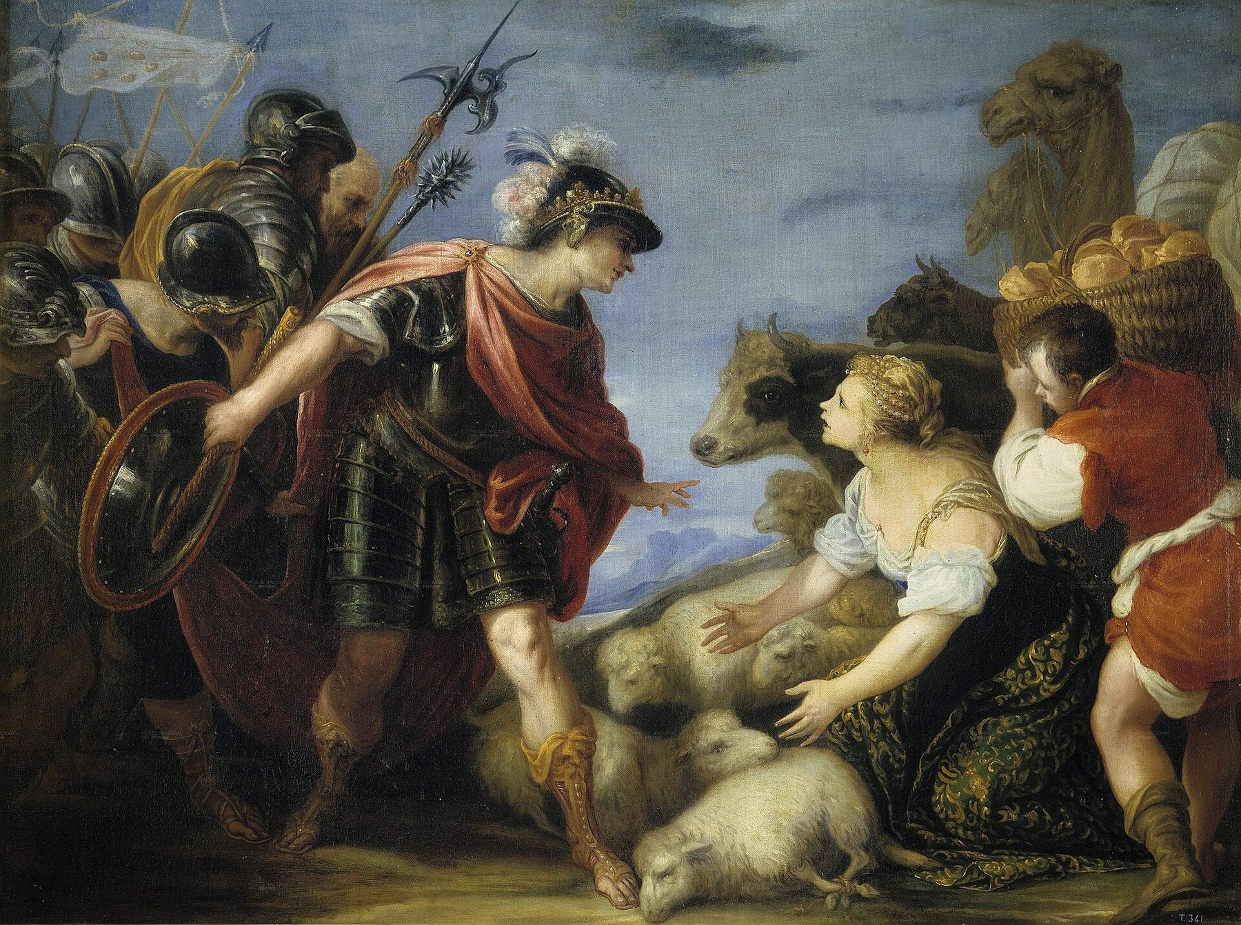 A painting by Escalante: David, in armour and a plumed helmet, stands at the left with his soldiers and their spears, one hand held out. Abigail kneels before him among her sheep in a white blouse and a dark green skirt, her hands open. Behind her a servant carries a basket of loaves, beside an ox and a camel.