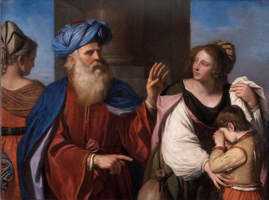 A painting by Guercino: Abraham, an old man with a white beard, a blue turban and a blue cloak over a red robe, raises one hand and points away with the other. Hagar, in a white blouse, turns to look back at him with tears in her eyes, and the boy Ishmael weeps into his hands beside her. On the left, Sarah stands with her back turned.
