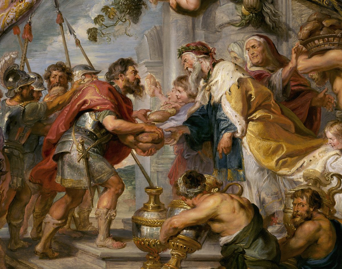 A painting by Rubens: Abraham, a bearded soldier in armour and a red cloak, bows and takes a round loaf of bread from Melchizedek, an old king with a white beard in a gold and white robe and a laurel crown. Soldiers with spears stand behind Abraham, and servants below carry great metal jars of wine.