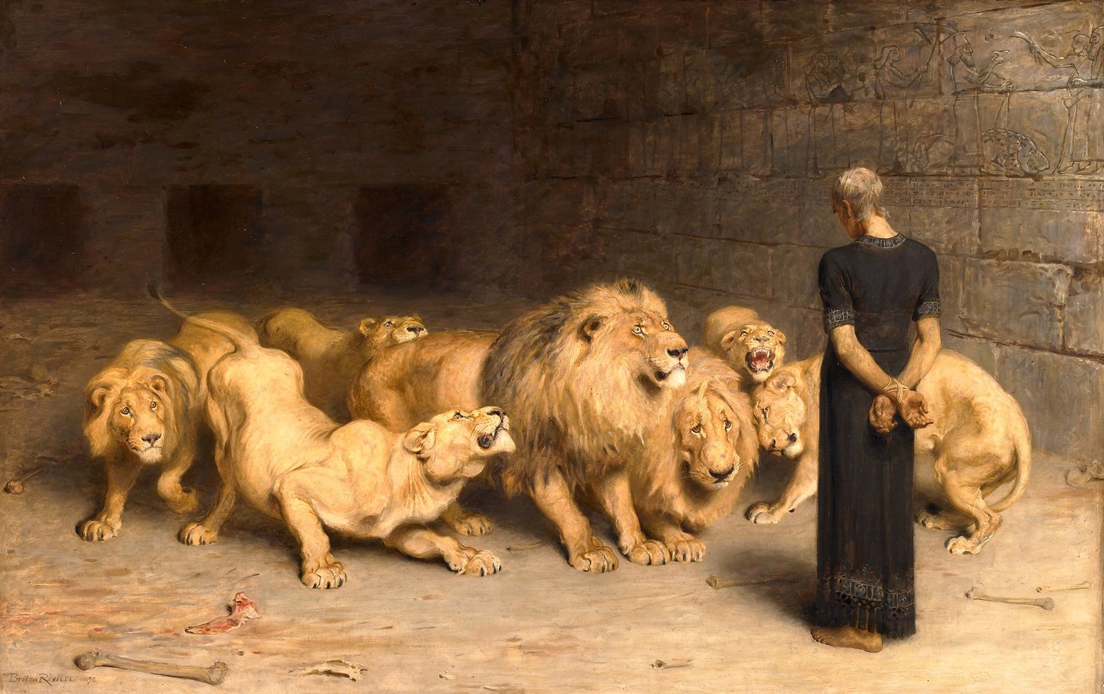 A painting by Briton Rivière: in a bare stone pit, Daniel stands with his back to us, a slight grey-haired man in a long dark robe, his hands behind his back. Before him a pack of lions crowds together, snarling and staring, and a lioness creeps toward him with her head low. Bones lie on the sandy floor.