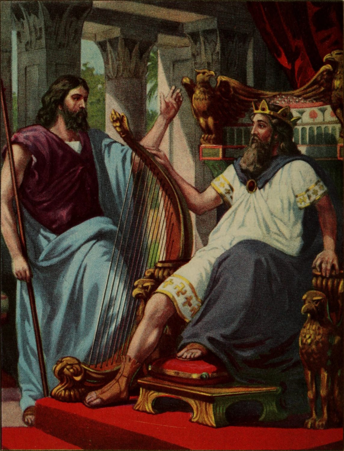 A colour Bible picture: King David, bearded and crowned, sits on a carved throne in a white robe and a blue cloak, his feet on a red footstool. He turns to the prophet Nathan, who stands at the left in a blue robe and a purple mantle, holding a staff and raising his hand as he speaks. David's hand rests on a tall harp between them, and golden eagles crown the throne.