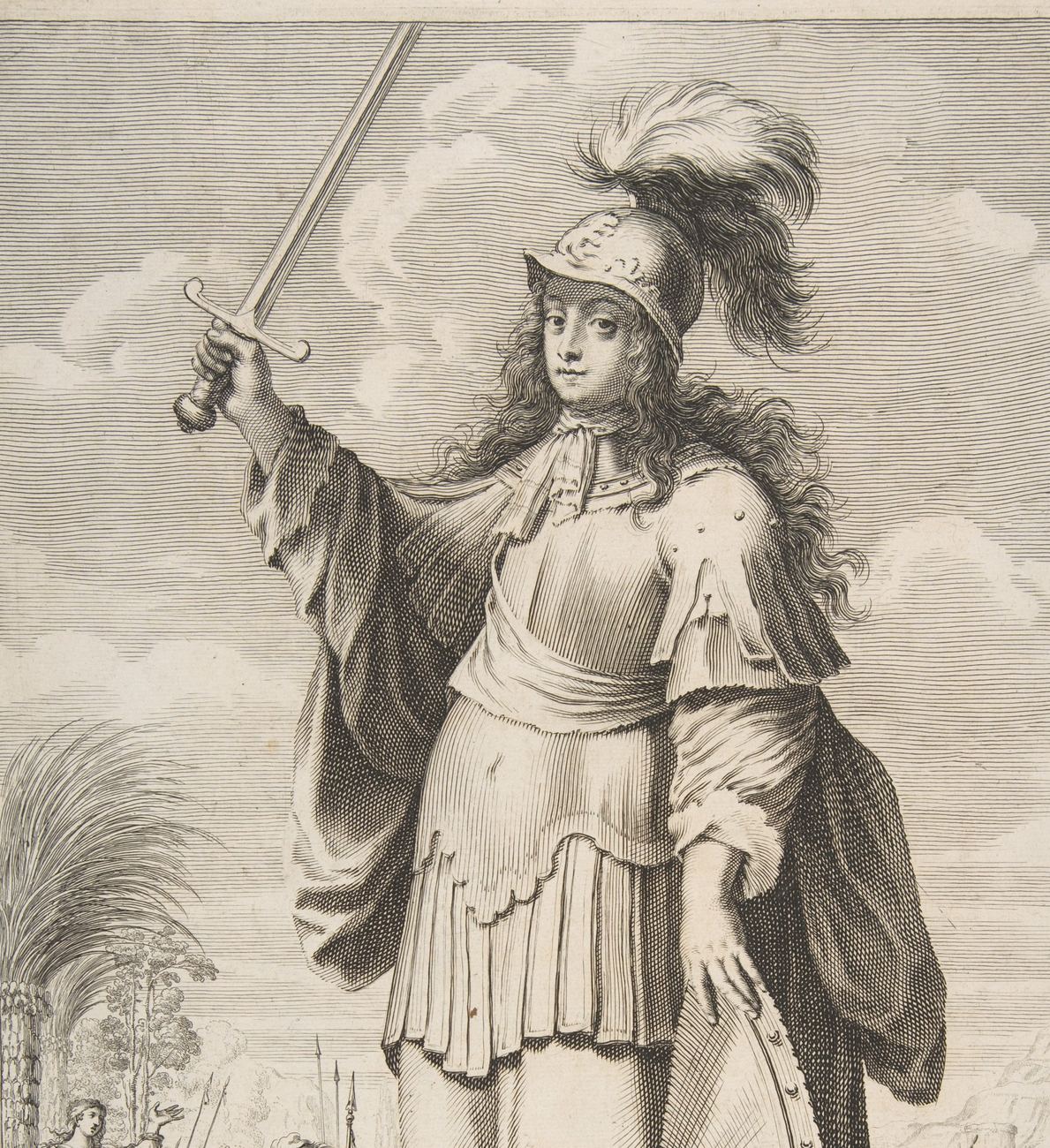 An engraving of Deborah standing in armour, a plumed helmet over her long hair. She raises a sword in her right hand and rests her left on a tall shield. A palm tree and a crowd of people are small in the background.