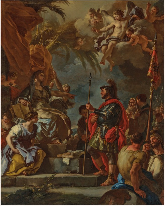 A painting of Deborah enthroned under a palm tree, a book open beside her, pointing as she gives an order. Barak stands before her in armour and a red cloak, holding a spear. Soldiers with a banner wait behind him, and angels look down from the clouds.