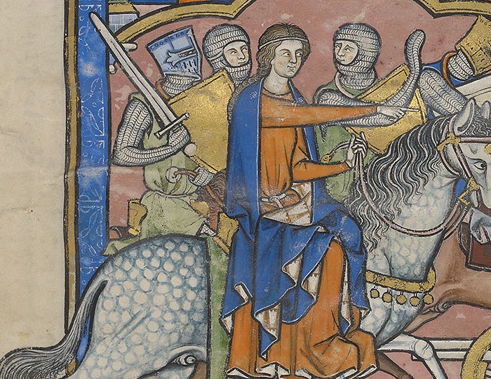 A medieval painting in bright blue, orange and gold. Deborah, bareheaded, in a blue cloak over an orange gown, rides a dappled grey horse among knights in chain mail and points ahead.
