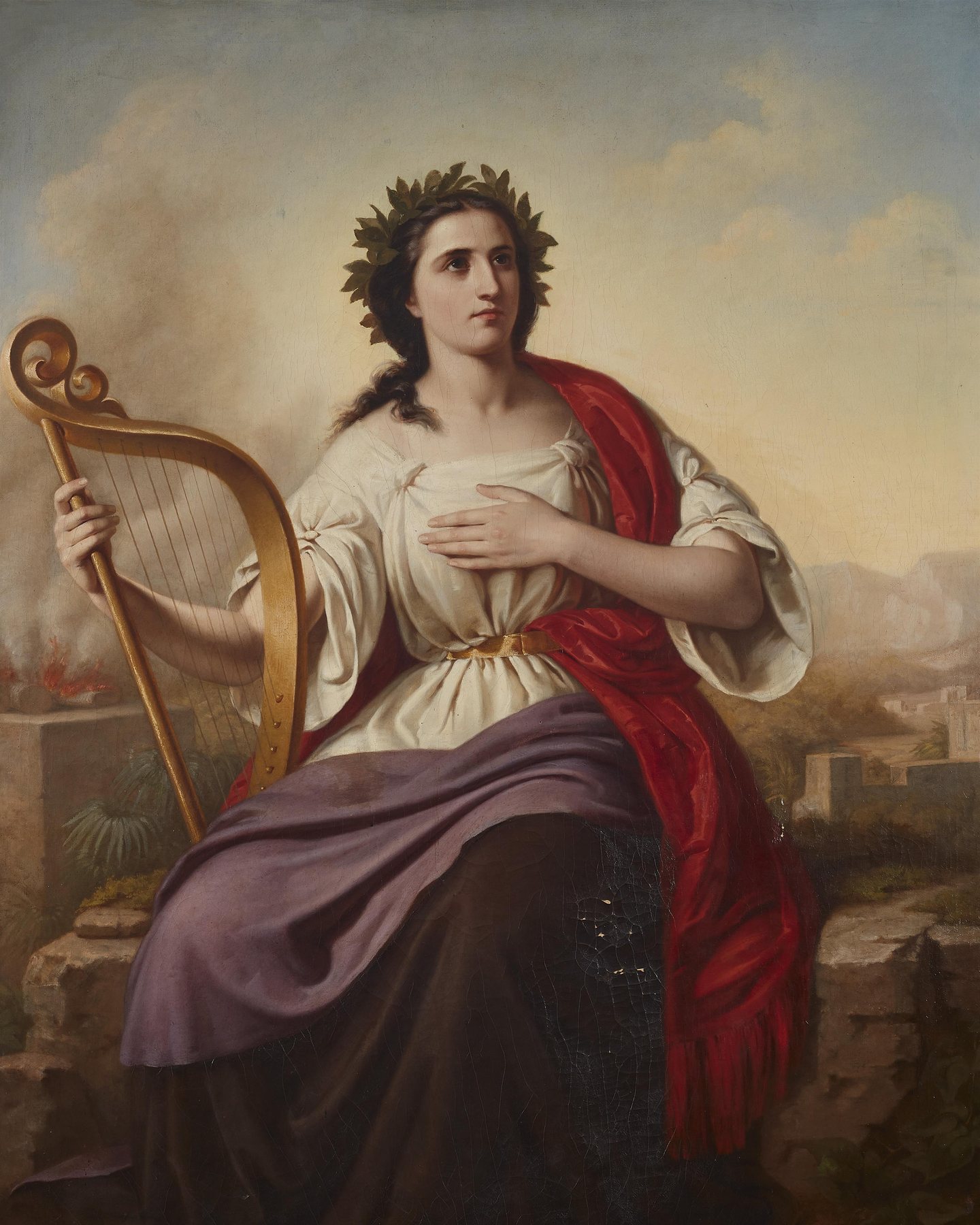 A painting of Deborah as a young woman with long dark hair, seated on a stone wall. She wears a crown of laurel leaves, a white dress and a red cloak, and looks up to one side with her hand on her heart. Her other hand holds a tall gold harp. Behind her a fire burns on a stone altar, beside a young palm.