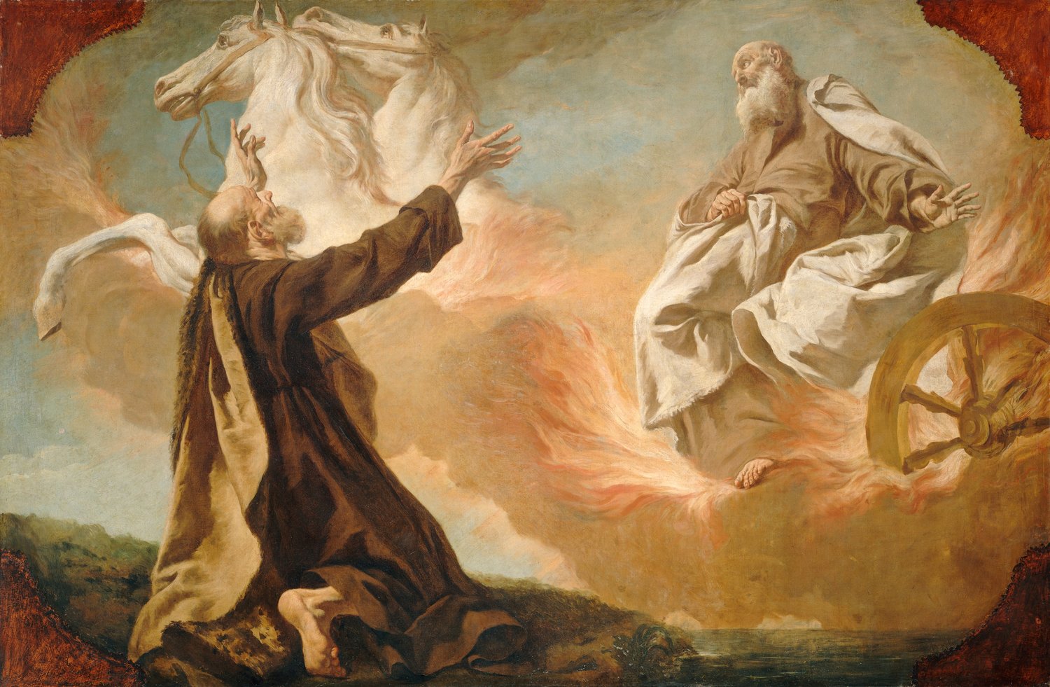 A painting by Giuseppe Angeli: high on the right, Elijah, an old man with a white beard, rides through the clouds on a chariot of fire, his white cloak billowing beside a great wooden wheel. Two white horses rear above at the left. Below, Elisha, bald and bearded in a brown habit, kneels on a hillside and stretches up his arms to him.
