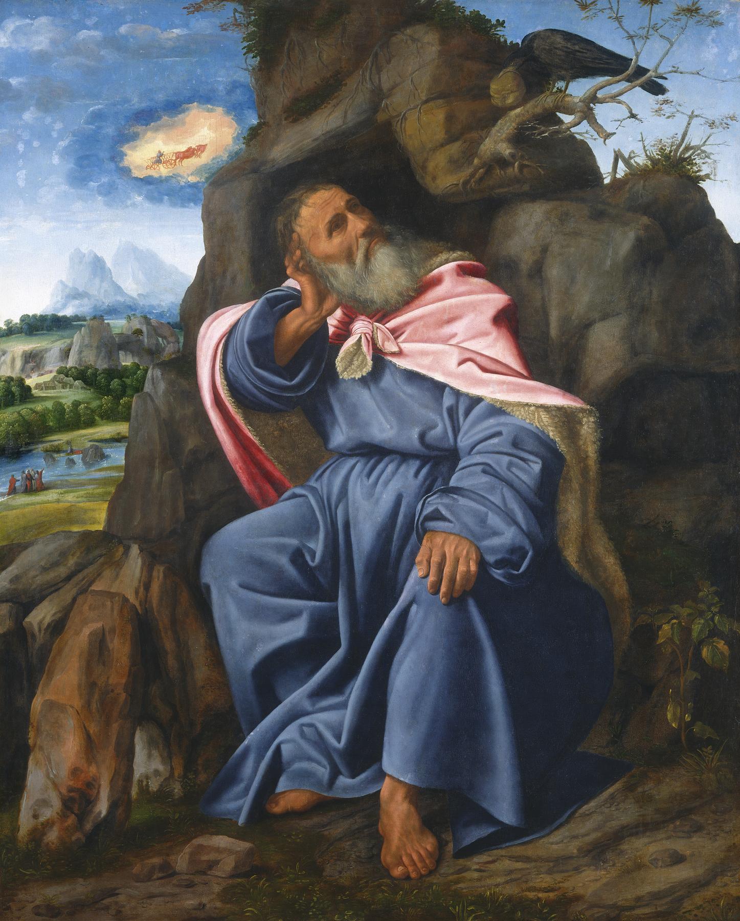 A painting by Savoldo: Elijah, an old man with a white beard, sits against a rock in the wilderness, his head resting on his hand, looking up. He wears a long blue robe and a pink mantle. Above him on the rock a black raven perches. In the sky to the left, small and far off, a fiery chariot rises through the clouds.