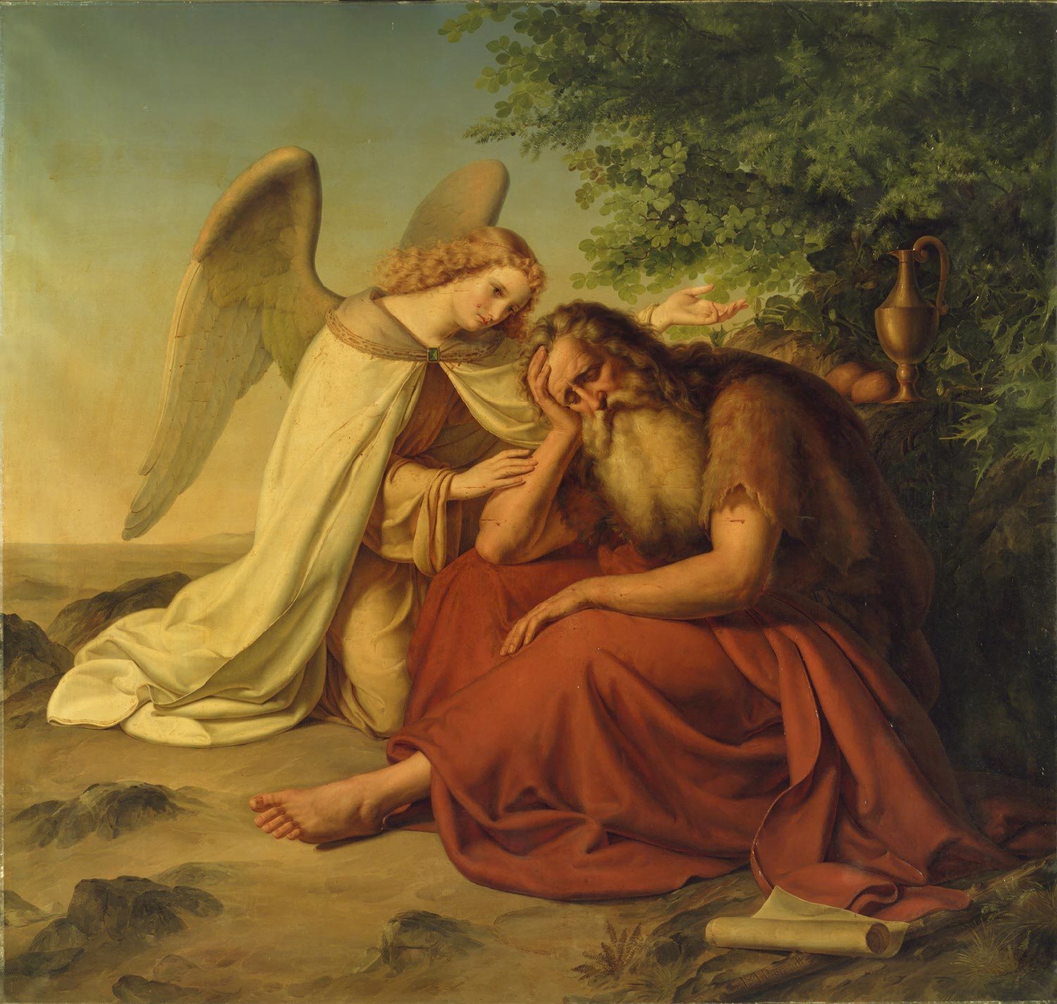 A painting: Elijah, grey-bearded in a red cloak, sits slumped asleep on the ground with his head on his hand, while a winged angel in white kneels beside him and touches his arm; a jug stands in the bush behind them