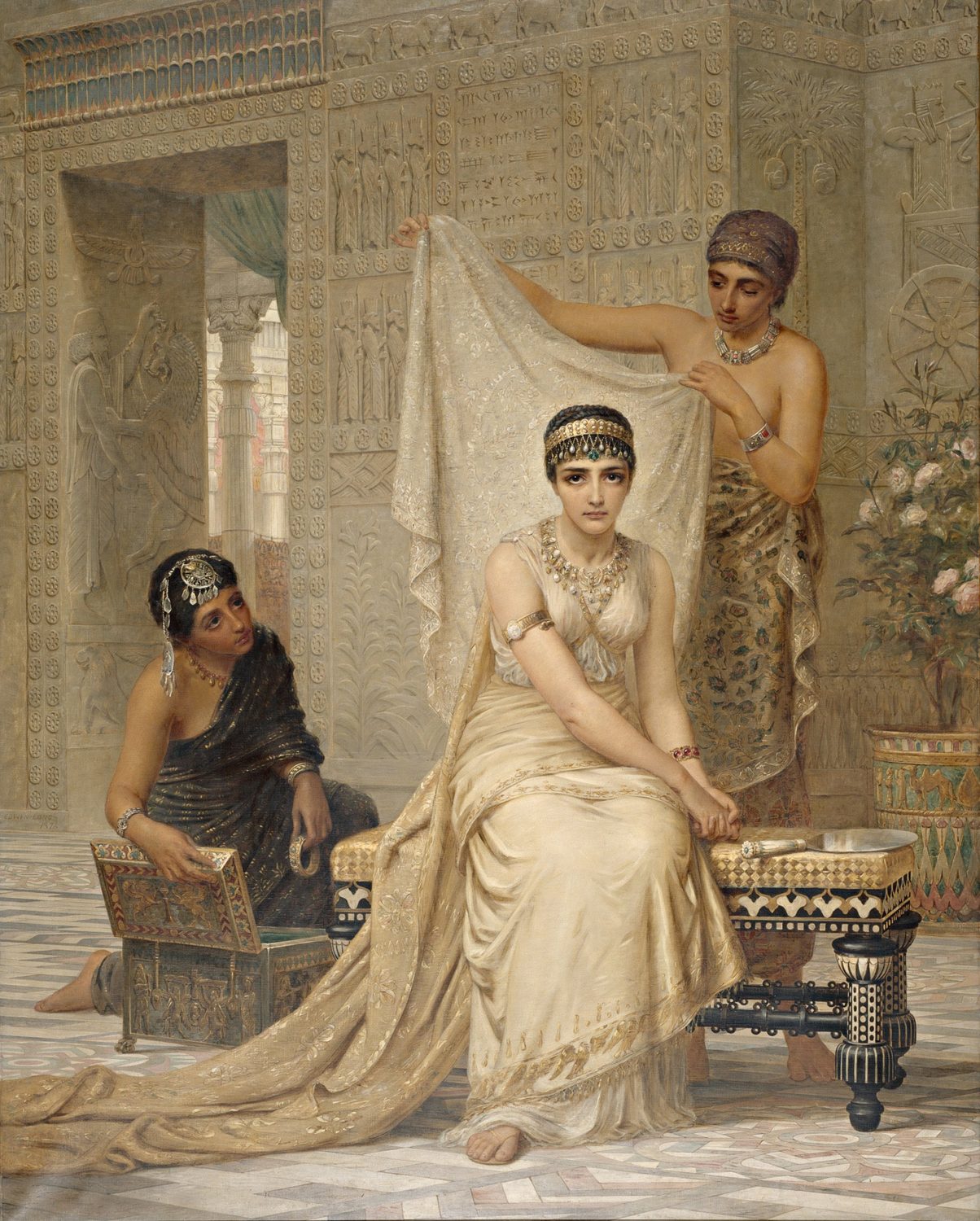 A painting by Edwin Long: Esther sits on a cushioned stool in a pale stone palace carved with reliefs. She wears a long cream gown, a gold diadem and a heavy jewelled collar, and looks straight out, grave and still. Behind her a servant holds up a white embroidered veil. At the left another kneels by an open jewel box, and pink roses stand in a pot at the right.
