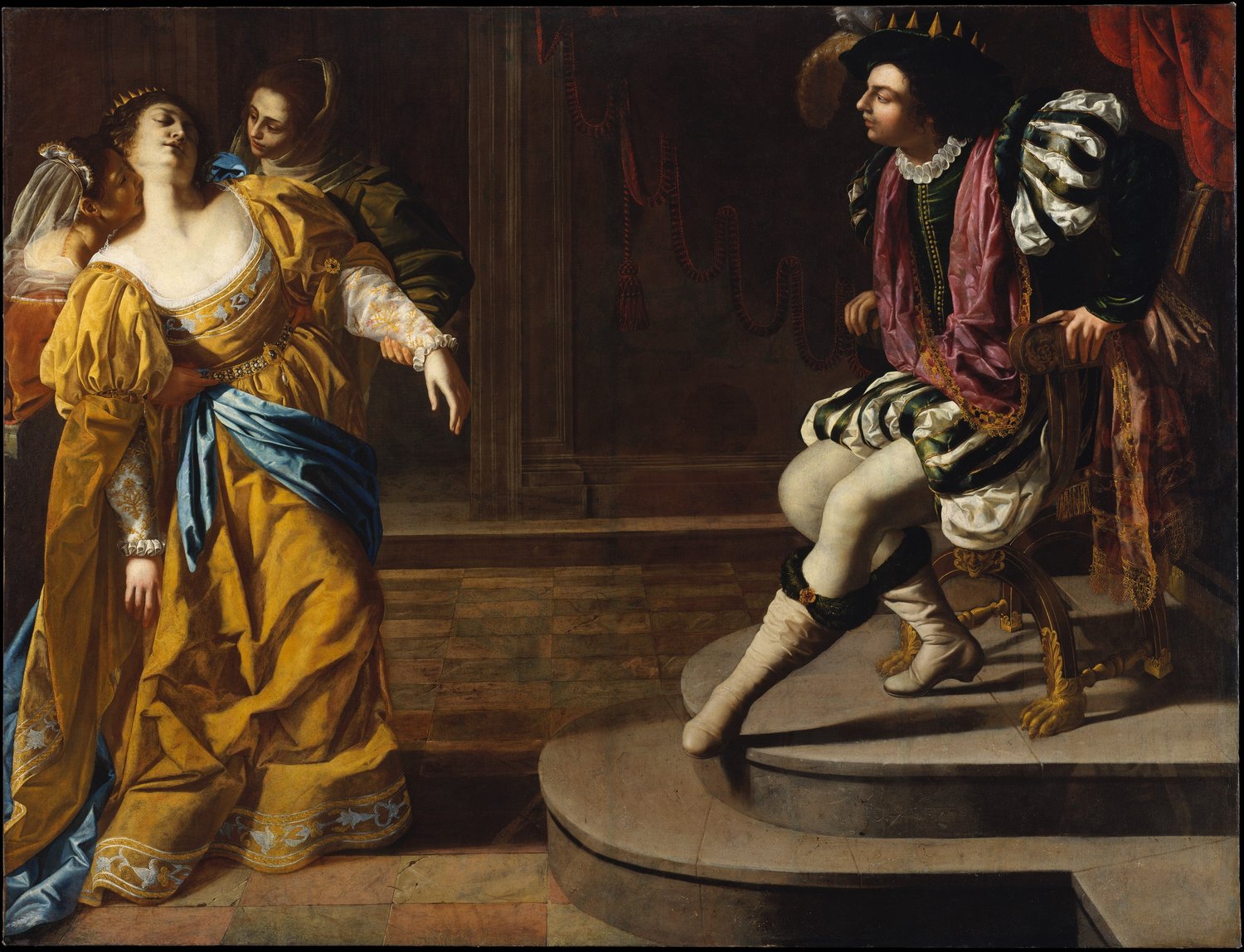 A painting by Artemisia Gentileschi: at the left Esther, in a golden gown with a blue sash, swoons backward into the arms of her maids. At the right King Ahasuerus, a young man in a plumed hat and striped silk breeches, starts up from his throne on a raised step.