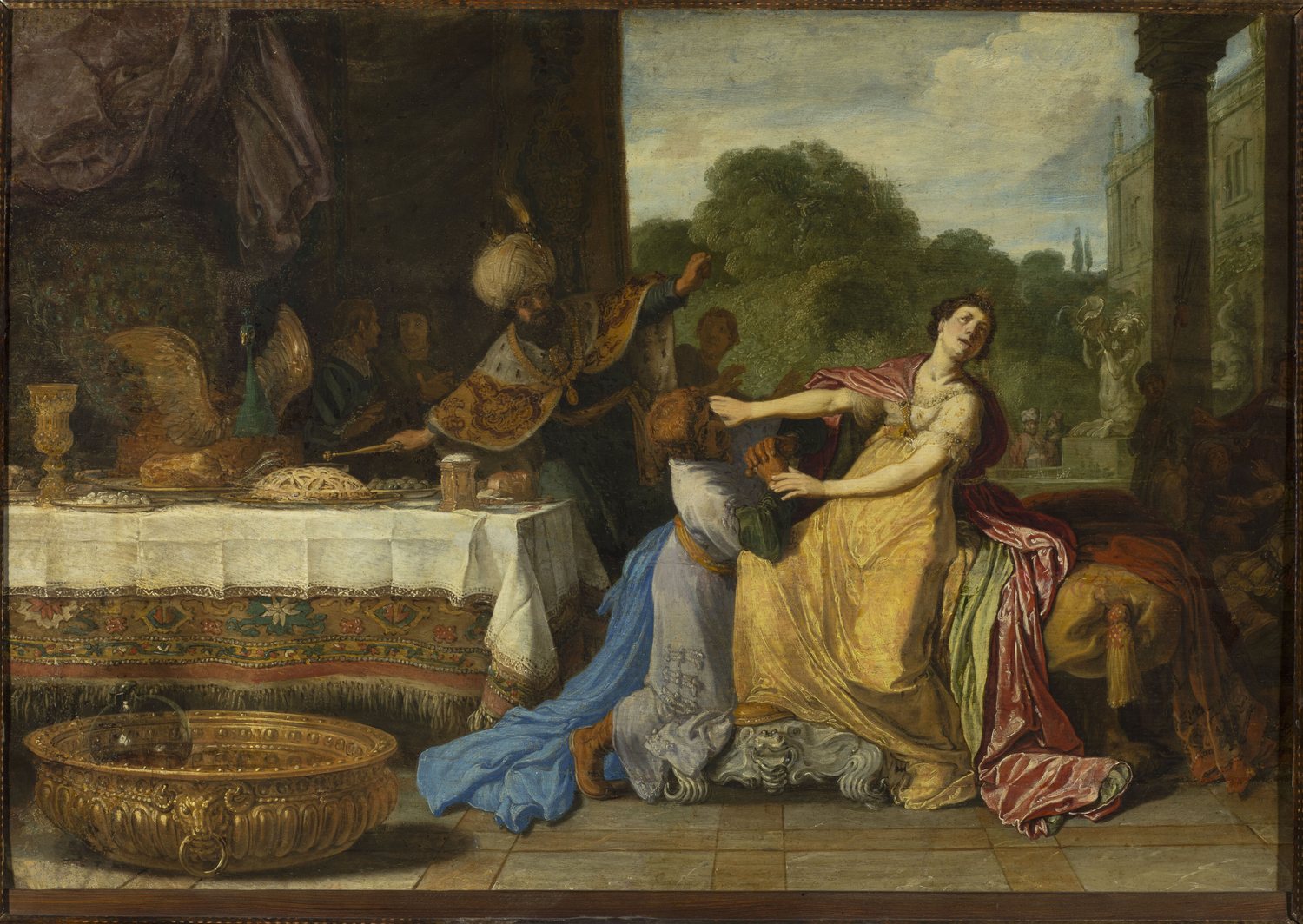 A painting by Pieter Lastman: Esther, in a yellow gown and a red cloak, recoils on her couch as Haman, kneeling in grey and blue, clutches at her. At the left, beside a table laid with gold dishes, the king in a white turban storms back in from the garden.