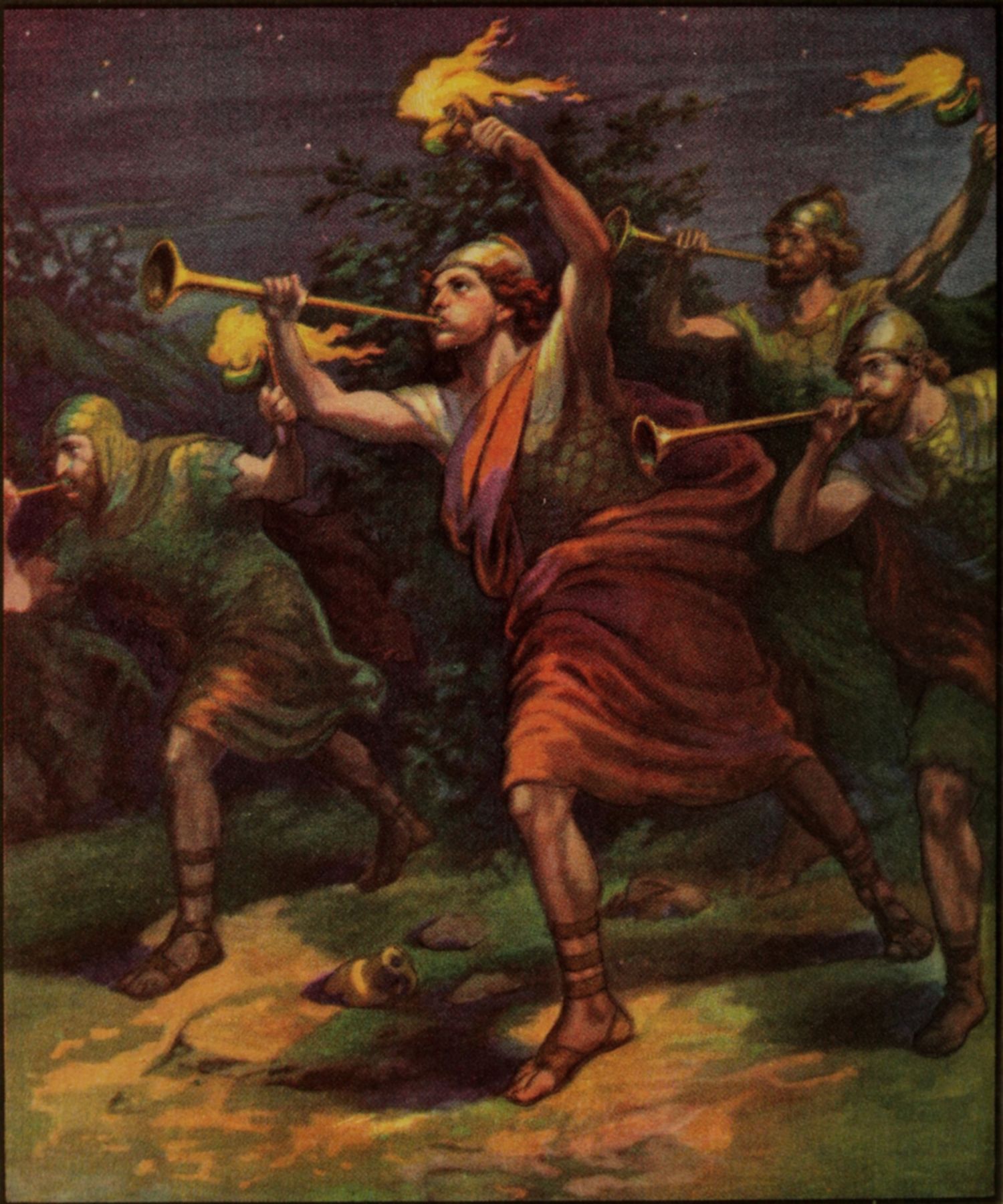 A colour Bible picture at night: Gideon, young and red-haired, in a helmet, a mail shirt and a red cloak, strides forward blowing a long trumpet and holding a blazing torch high over his head. His men follow on either side, blowing trumpets and lifting torches under a dark, starry sky. A broken jar lies on the path.