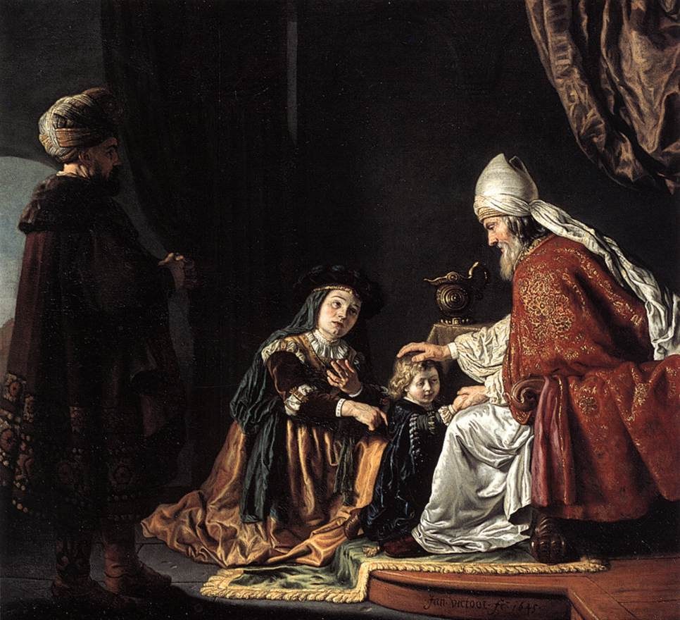 A painting by Jan Victors: the old priest Eli, in a white mitre and a red and gold robe, lays his hand on the head of the small boy Samuel. Hannah kneels beside her son in a dark gown and a golden skirt, her hand raised. Elkanah, in a turban and a long dark cloak, stands at the left.