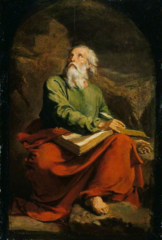 Isaiah, an old man with a white beard in a green robe and a red cloak, sits on a rock with a book on his knee and looks up to the sky