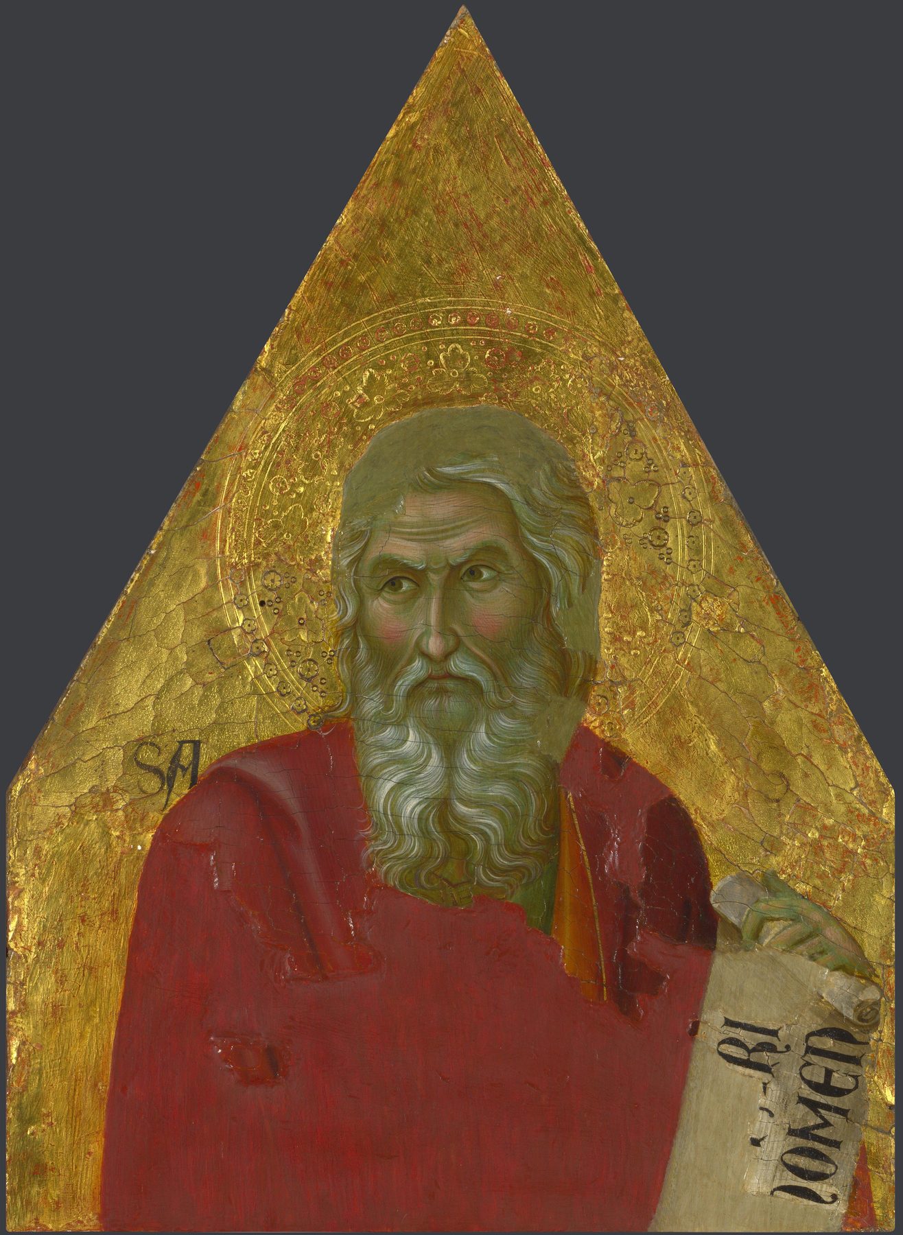 Isaiah, an old man with a long white beard in a red cloak, holding a scroll, against a gold ground