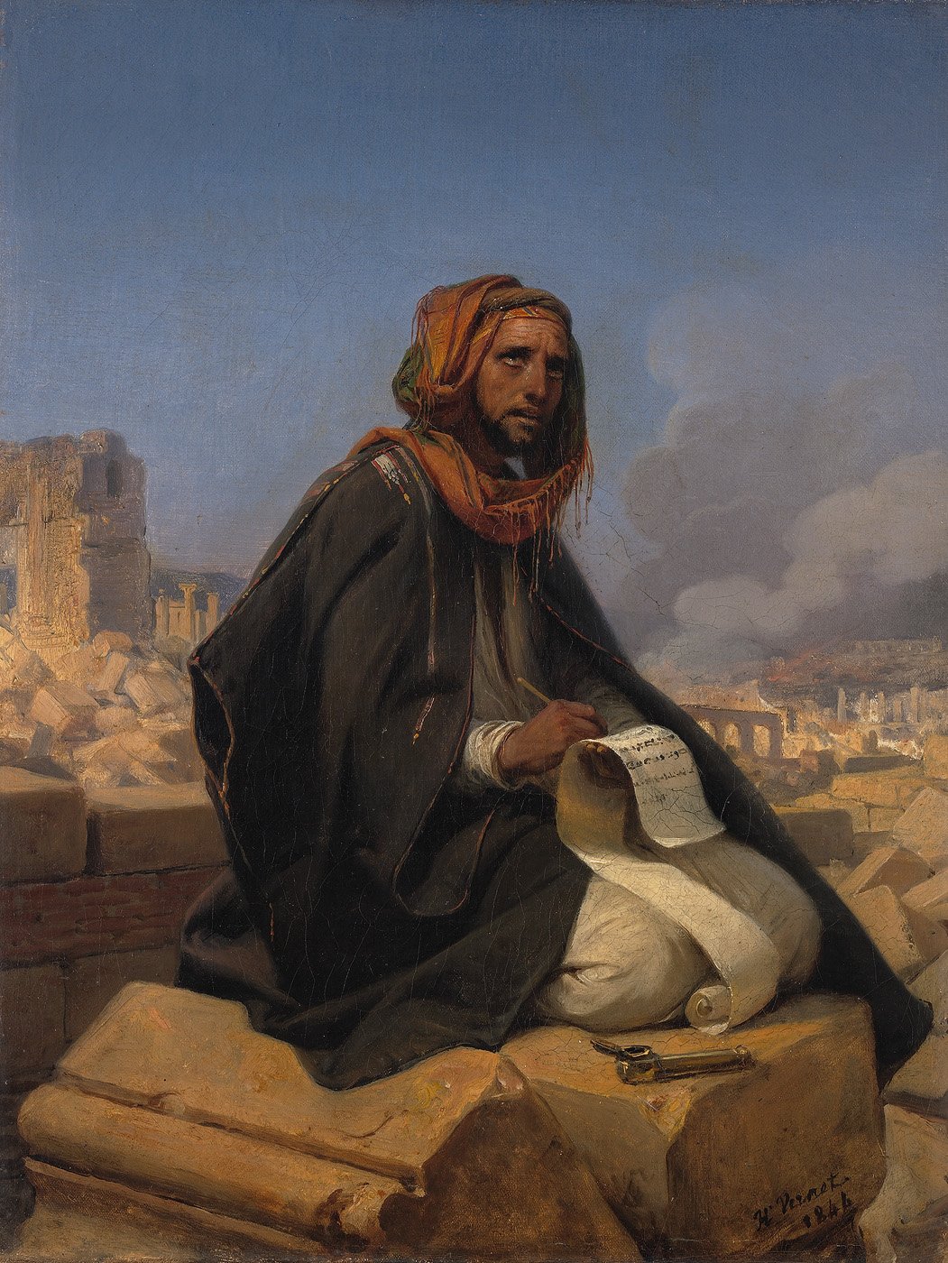 Jeremiah in a dark cloak and a striped headcloth sits on a block of stone among ruins, writing on a scroll, with smoke rising from the city behind him