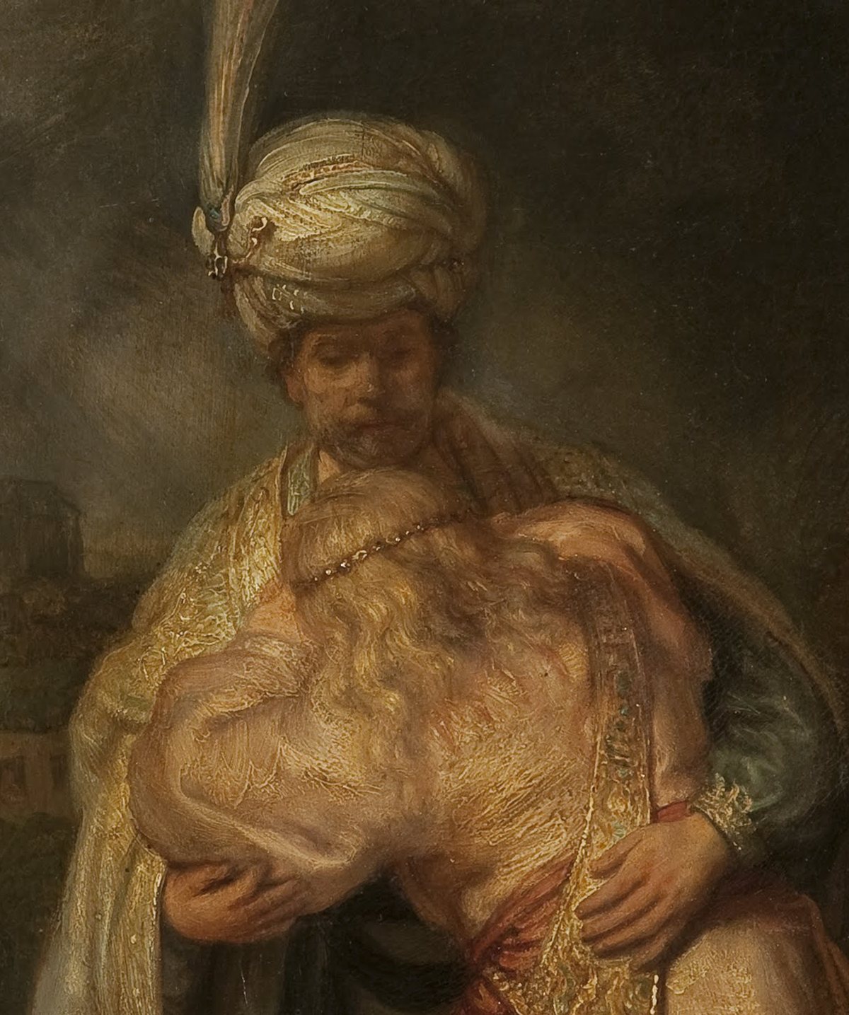 A detail of a painting by Rembrandt: Jonathan, a bearded man in a white turban with a tall plume, holds David close. David, his long fair hair falling loose, weeps with his face pressed to Jonathan's chest. Jonathan looks down, his face full of sorrow. Both wear rich, gold-embroidered robes.