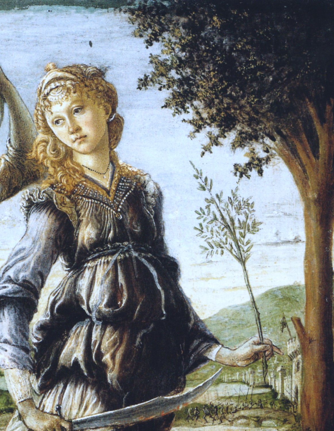A detail of a painting by Botticelli: Judith, a young woman with long golden hair and a jewelled band, walks through a hilly landscape and looks back over her shoulder. She wears a grey-blue gown. She carries a curved sword low in her right hand and an olive branch in her left. A tree rises on the right. At the left edge is her maid's raised arm.