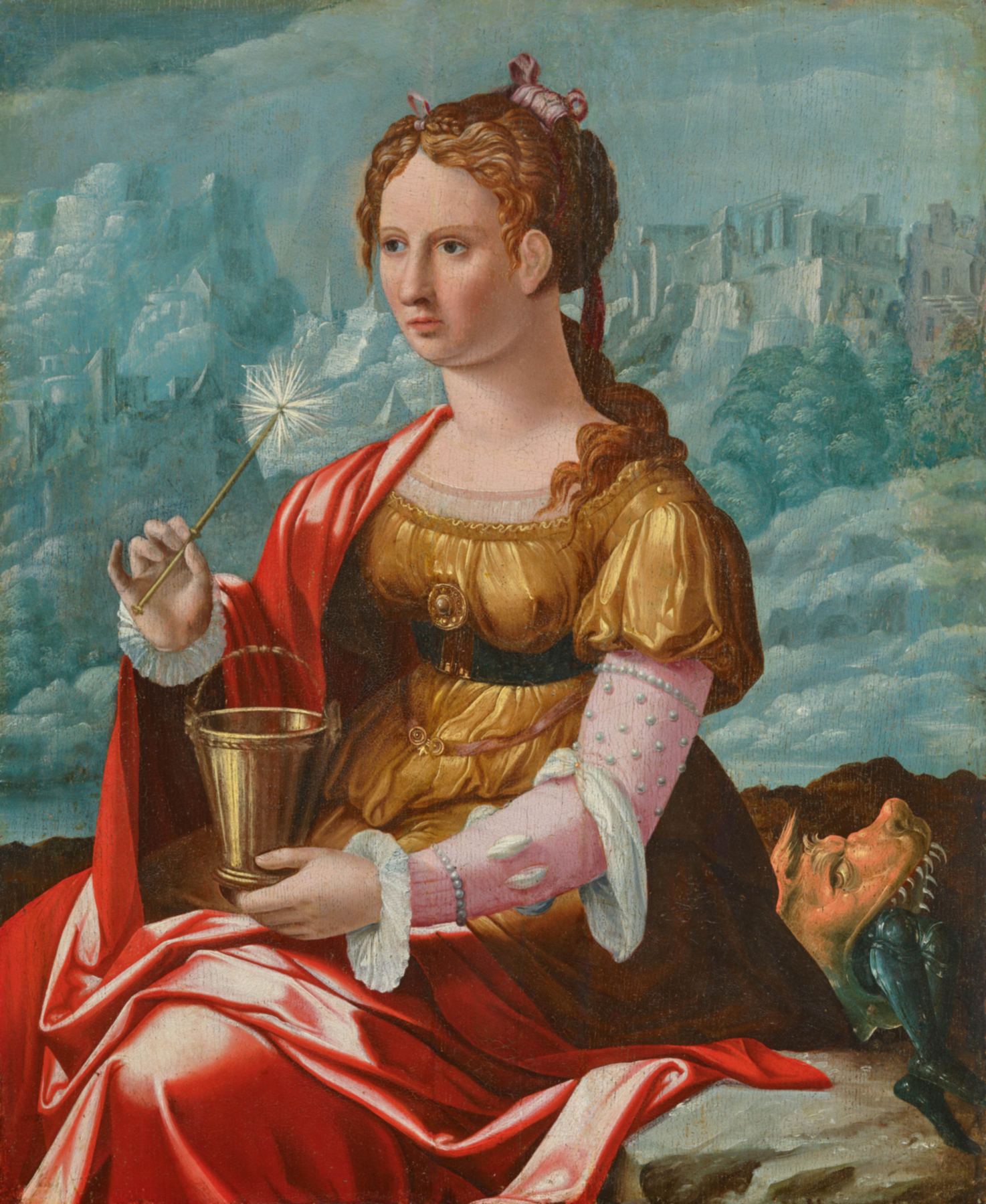 A painting by Cornelis Buys: Martha, a young woman with red-gold hair tied up with pink ribbons, sits in a red cloak over a golden gown with pink sleeves. She holds a holy-water sprinkler in her right hand and a golden bucket in her left. At the lower right, the head of a small dragon peers out beside her. Behind her is a blue-green landscape of rocks and towers.
