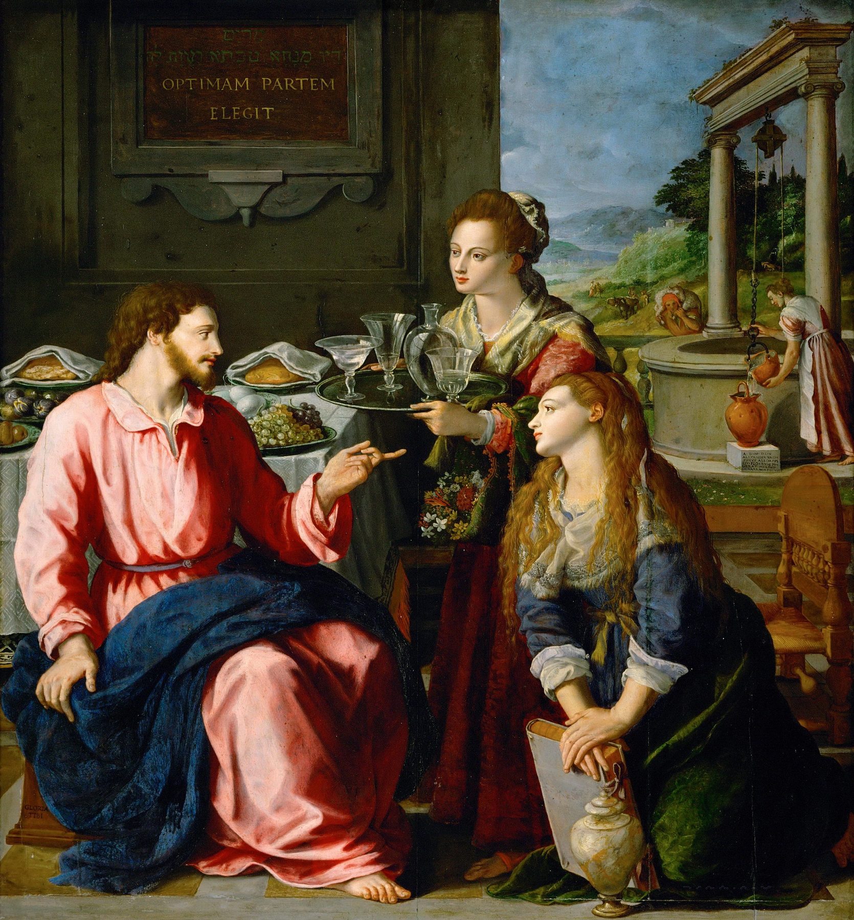 Jesus seated at a table while Martha brings a tray of glasses and Mary kneels beside Him with a book and a jar of perfume