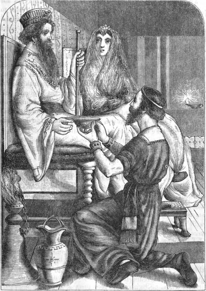 An engraving: a bearded man kneels and holds up a shallow cup to a crowned, bearded king seated on a cushioned throne with a staff. A veiled queen sits beside the king. A tall jug stands on the floor, and a lamp burns in the background.