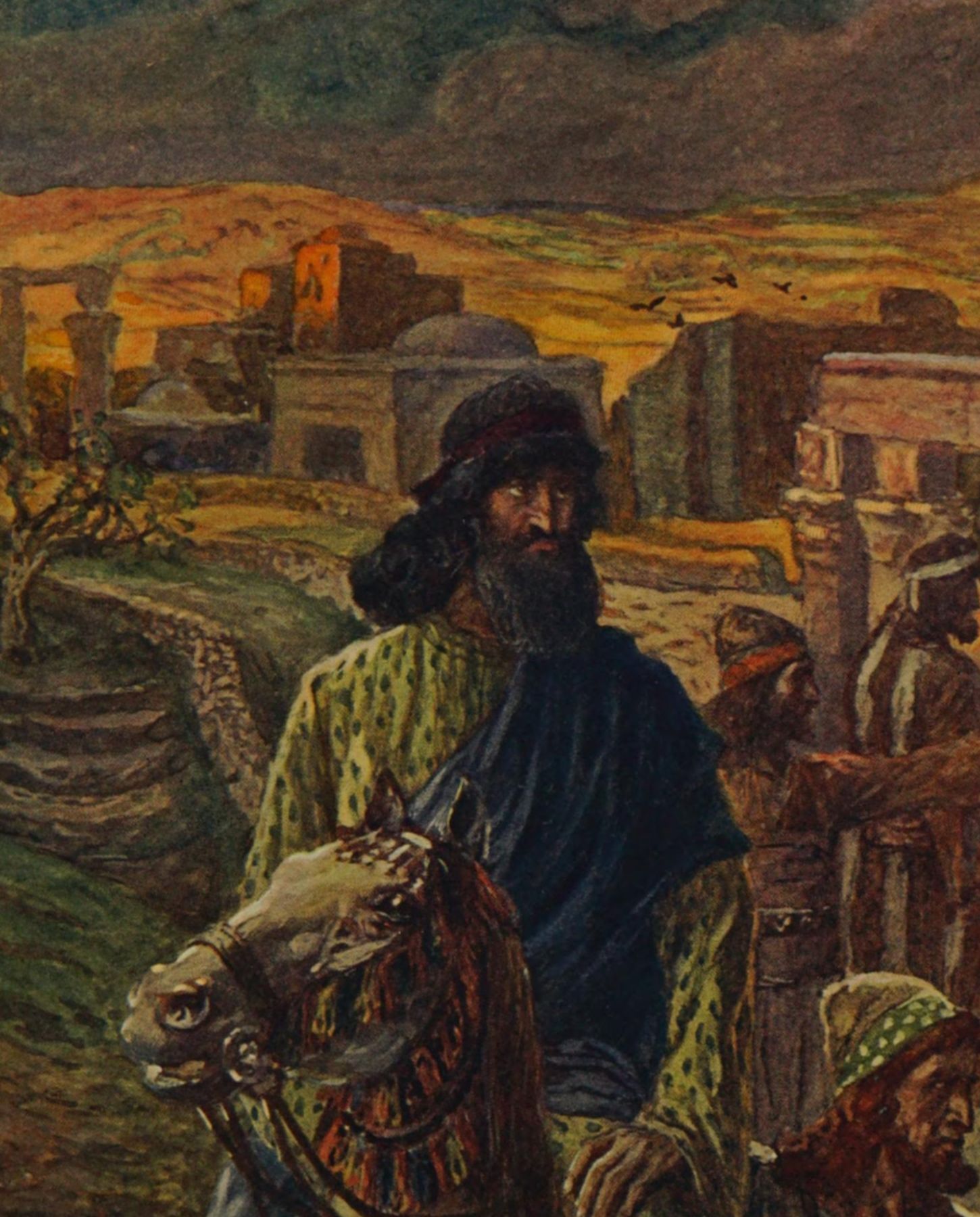 A painting of a bearded man in a dark turban and a deep blue cloak over a green patterned robe, riding a grey horse at dusk. Behind him broken walls and gateways glow orange under a stormy sky, and other men stand among the ruins.