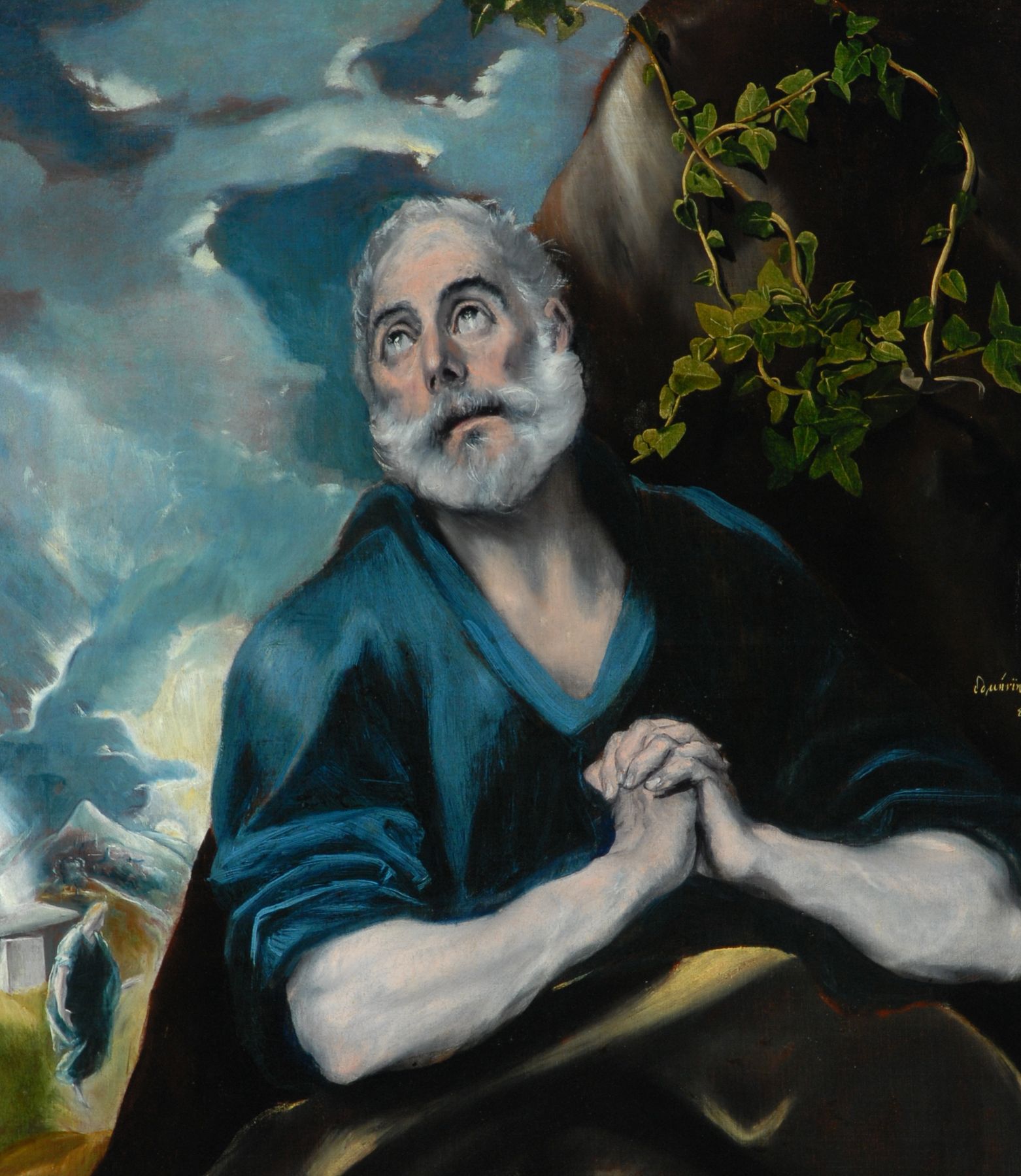 A painting by El Greco: Peter, an old man with white hair and a white beard, looks up to heaven with red-rimmed, tearful eyes and his hands clasped in prayer. He wears a deep blue robe. Behind him are a rock hung with ivy and a stormy blue sky. In the distance, lower left, a small scene of the empty tomb.