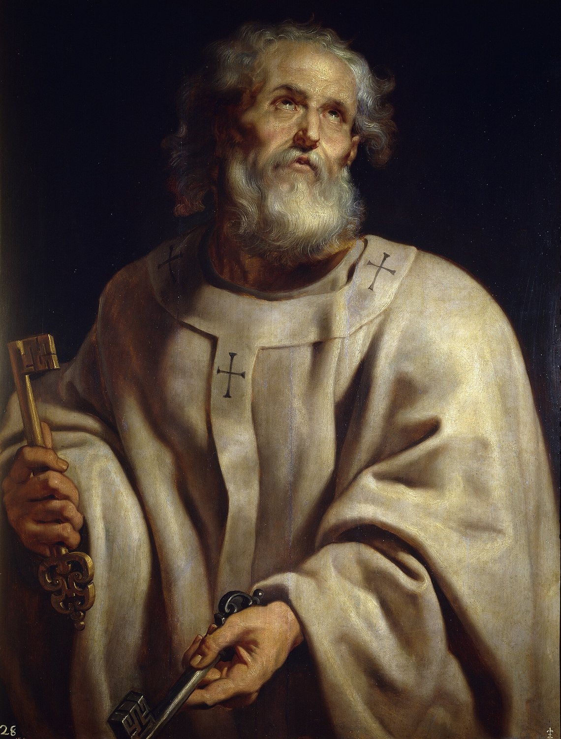 A painting by Rubens: Peter, white-haired and bearded, looks up to heaven. He wears a white vestment with a pallium marked with crosses, and holds two large keys.