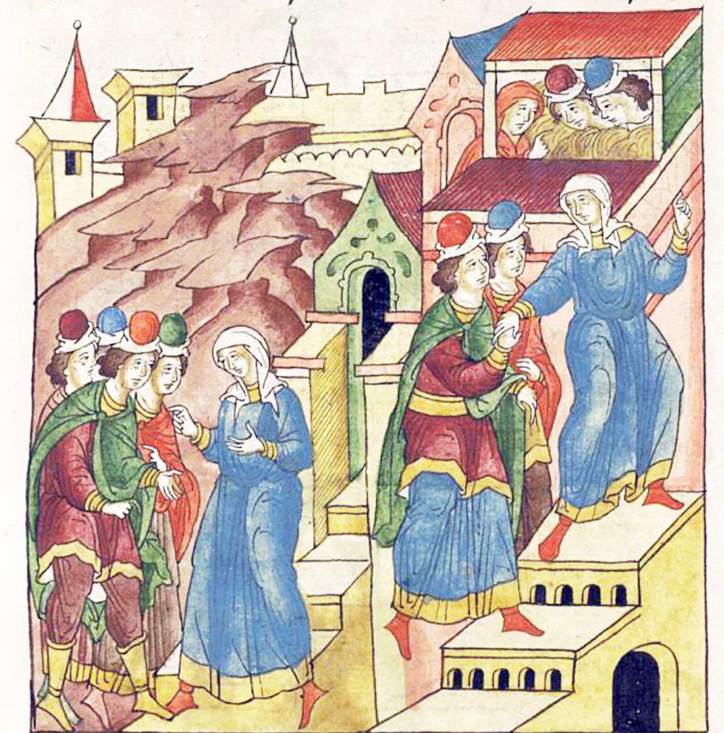 A Russian manuscript painting in bright colours: at the left, Rahab in a blue robe and white veil speaks with four men in round hats. At the right, she leads two young men by the hand up the steps of her house. Above, under a red roof, their heads peep out beside her from among yellow stalks of flax. Towers and a rocky hill stand behind.