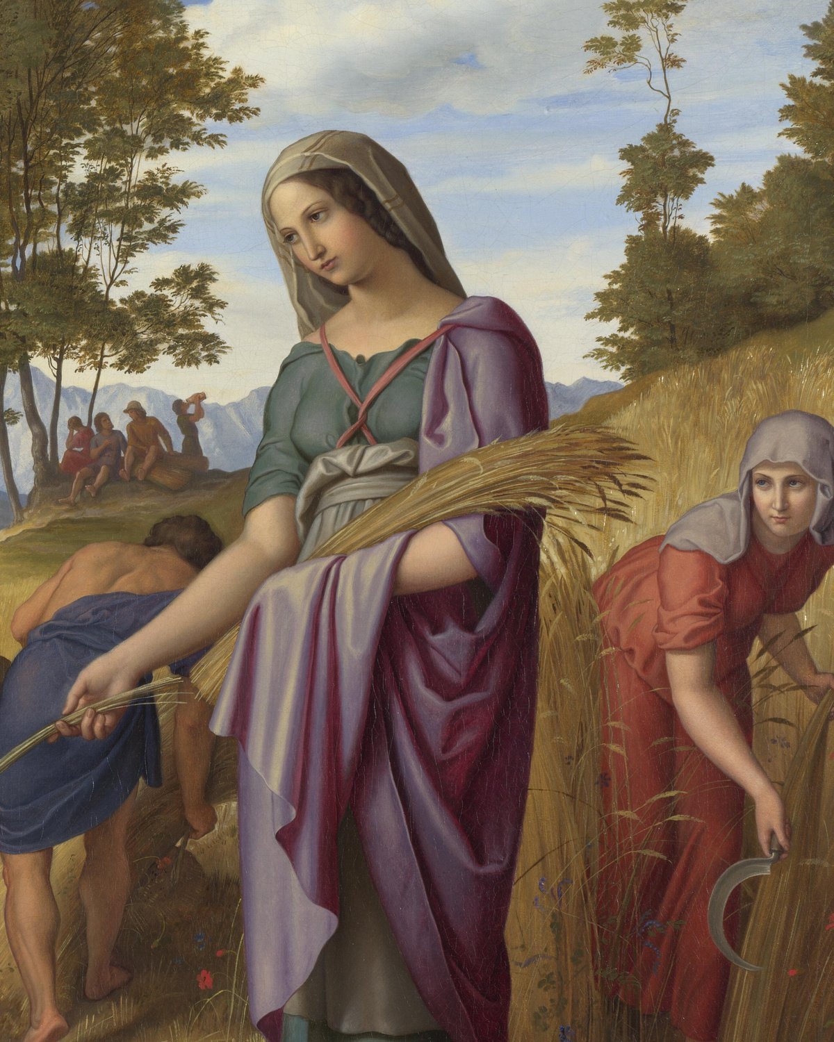 A detail of a painting: a young woman in a green dress, a pale headscarf and a violet cloak walks through a golden wheat field, holding an armful of cut stalks. Behind her a reaper in a blue cloth bends to the grain, and a woman in red with a sickle stoops at the edge of the field. Blue mountains and trees rise behind them.