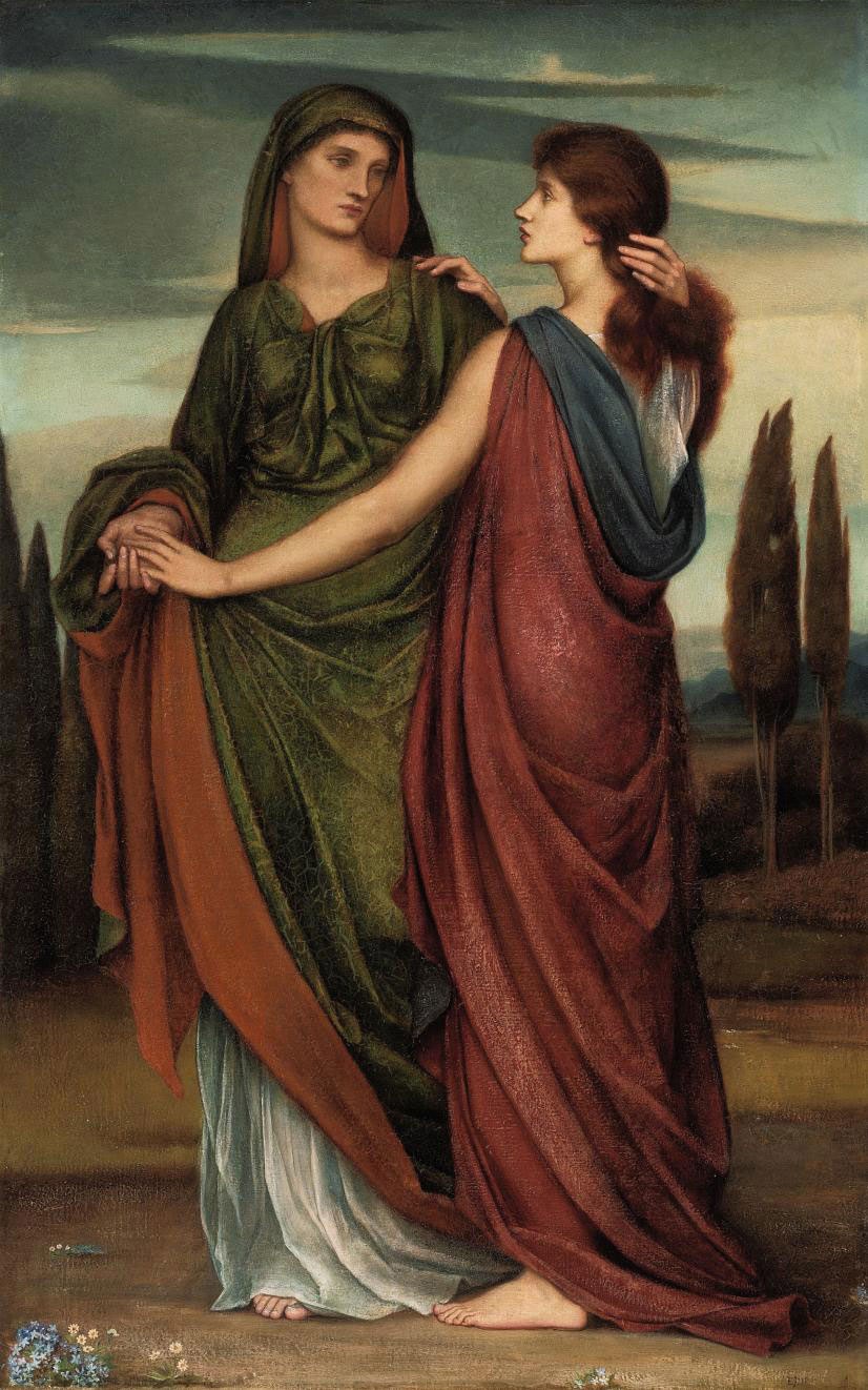 A painting of two women standing together on a hilltop at dusk. The older woman, Naomi, wears a green cloak over a white gown and a red-lined hood. The younger, Ruth, with long auburn hair, wraps herself in a deep red cloak and lays one hand on Naomi's shoulder while holding her hand with the other, looking up into her face. Cypress trees and blue hills lie behind them.